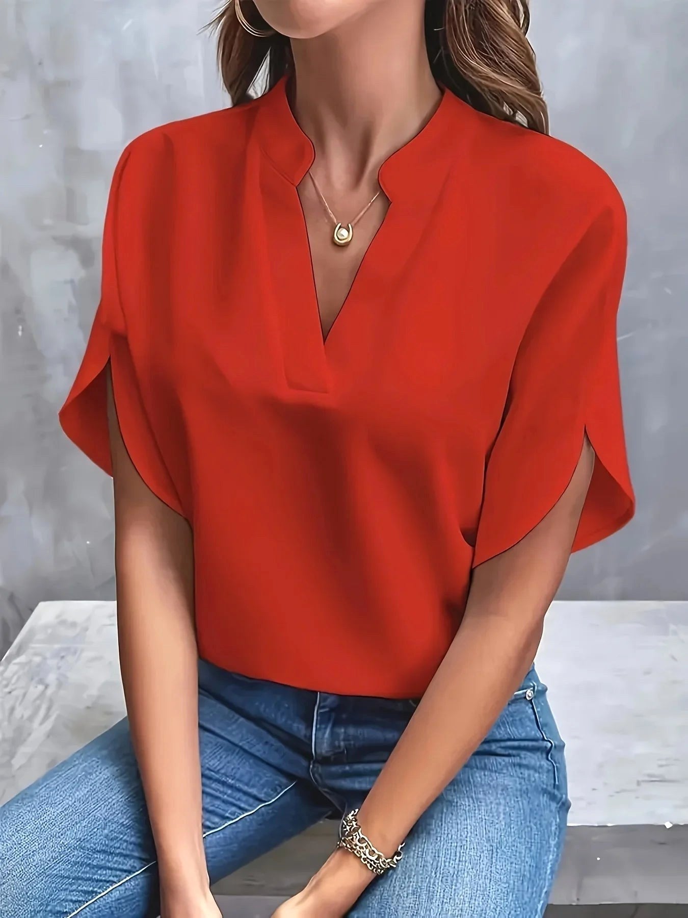 Thalia | Women's Tailored Long Sleeve Blouse - Red