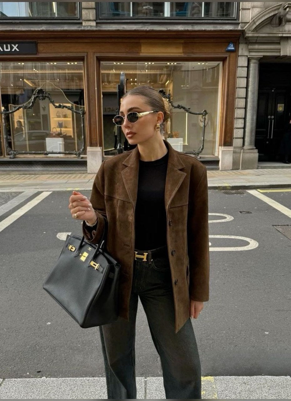 Diana | Women's Brown Suede-Effect Jacket, Button-Front Fall Jacket | The Dress Cellar | Brown