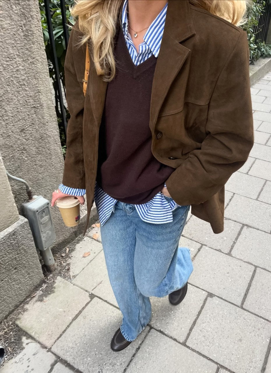 Diana | Women's Brown Suede-Effect Jacket, Button-Front Fall Jacket | The Dress Cellar
