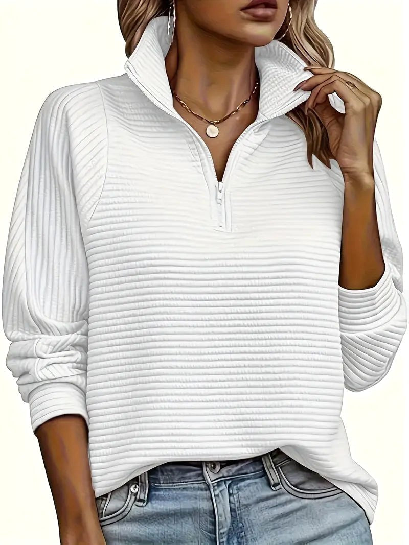 Therese | Women's Half-Zip Funnel Neck Sweater, Drop Shoulder Knit Jumper | The Dress Cellar | White