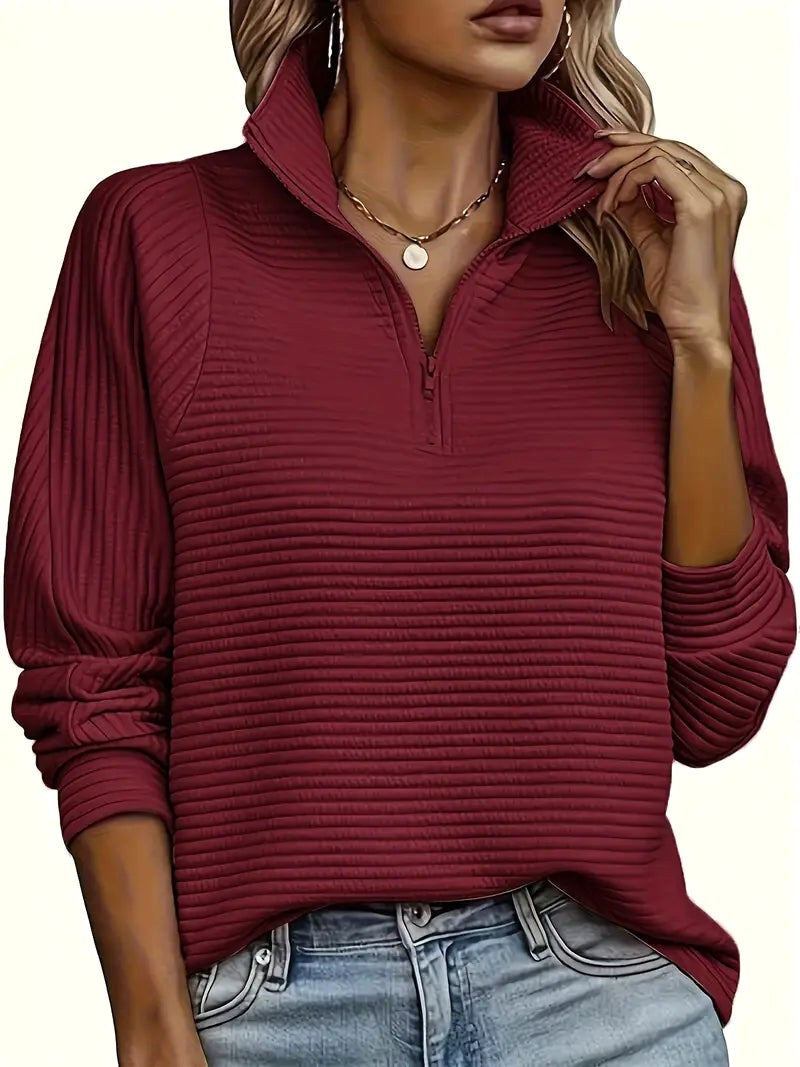 Therese | Women's Half-Zip Funnel Neck Sweater, Drop Shoulder Knit Jumper | The Dress Cellar | Dark Red