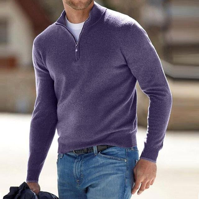 Toby | Men's Quarter-Zip Knit Jumper, Stand Collar Sweater | The Dress Cellar | Purple