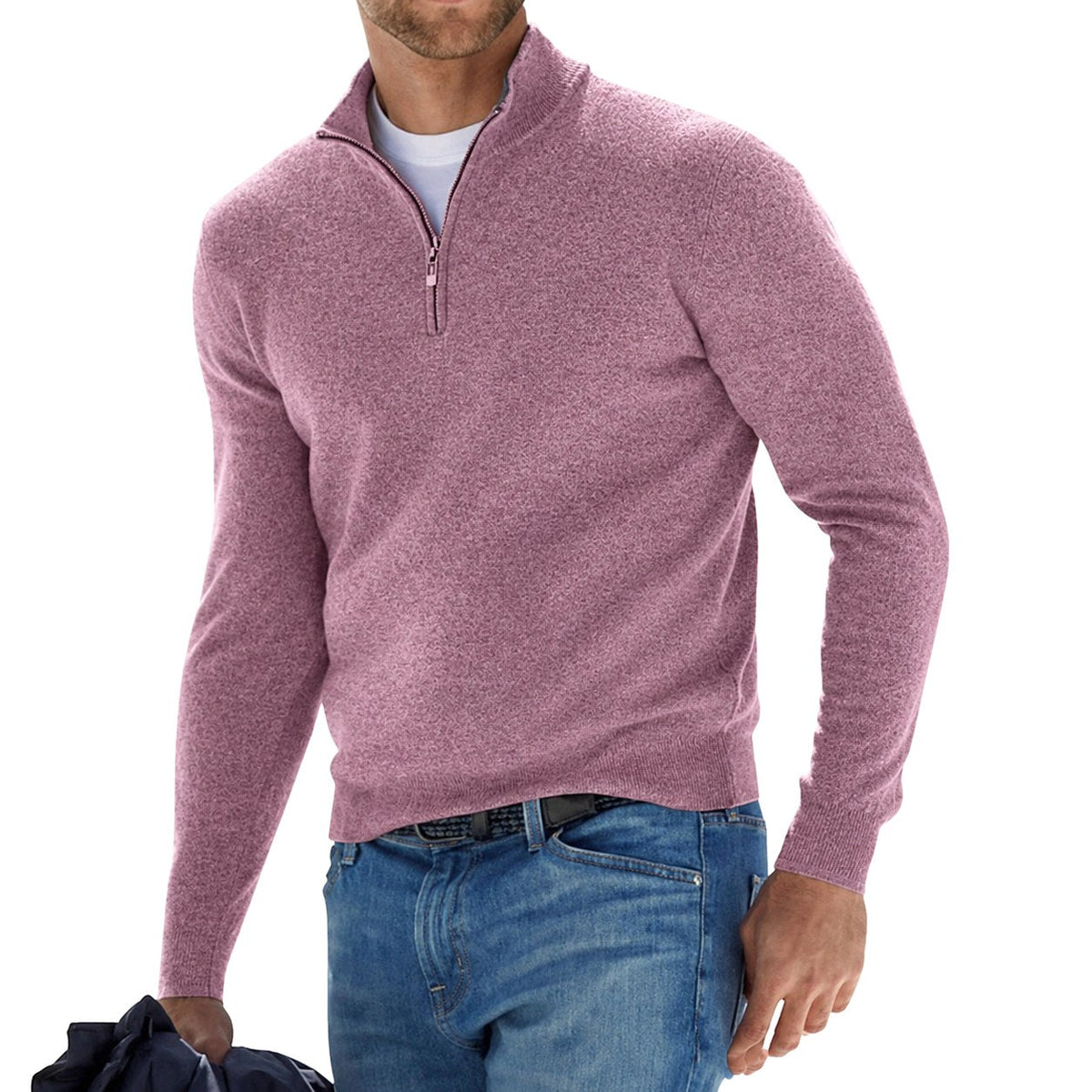 Toby | Men's Quarter-Zip Knit Jumper, Stand Collar Sweater | The Dress Cellar | Pink