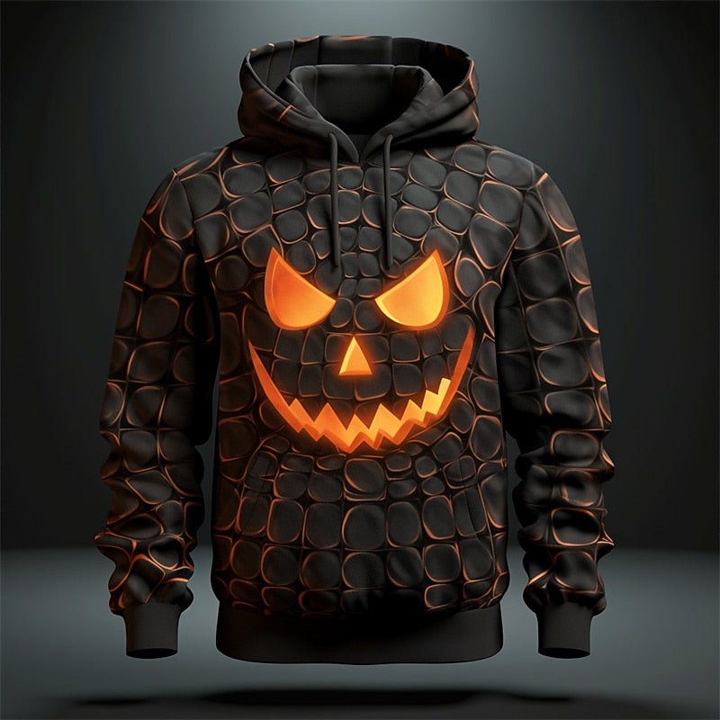 Trevor | Men's Halloween Graphic Hooded Sweatshirt, Seasonal Pullover Hoodie | The Dress Cellar | Orange