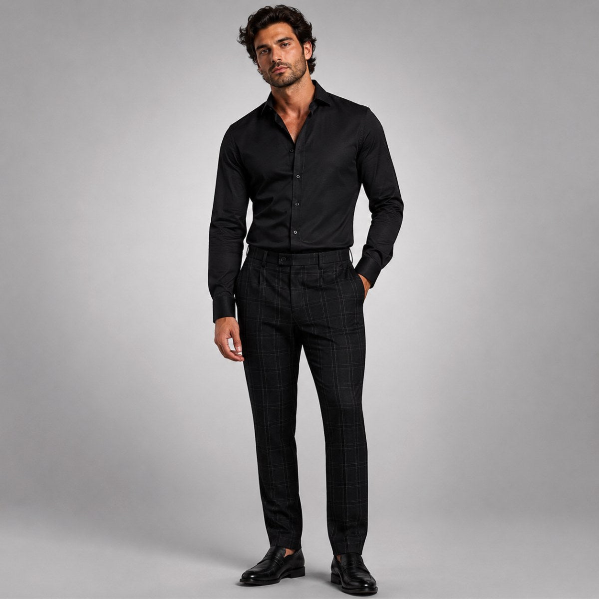 Tristan | Men's Checked Slim Fit Trousers, Smart Casual Trousers | The Dress Cellar | Dark Gray