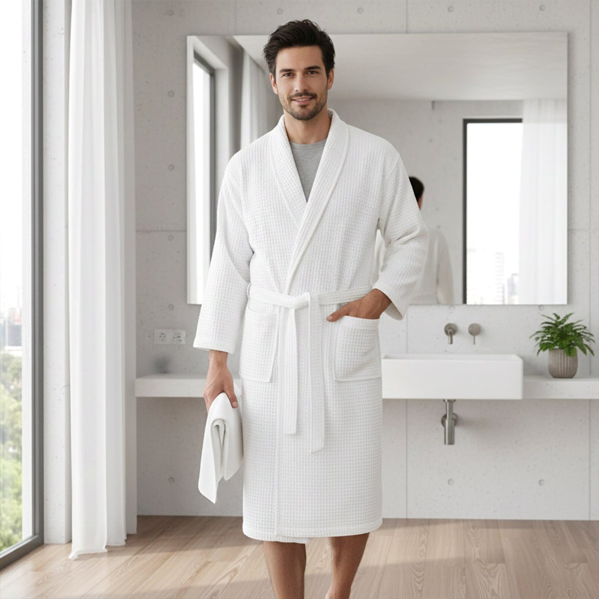 Tyler | Men's Cotton Waffle Lightweight Bathrobe, Spa Robe with Belt | The Dress Cellar