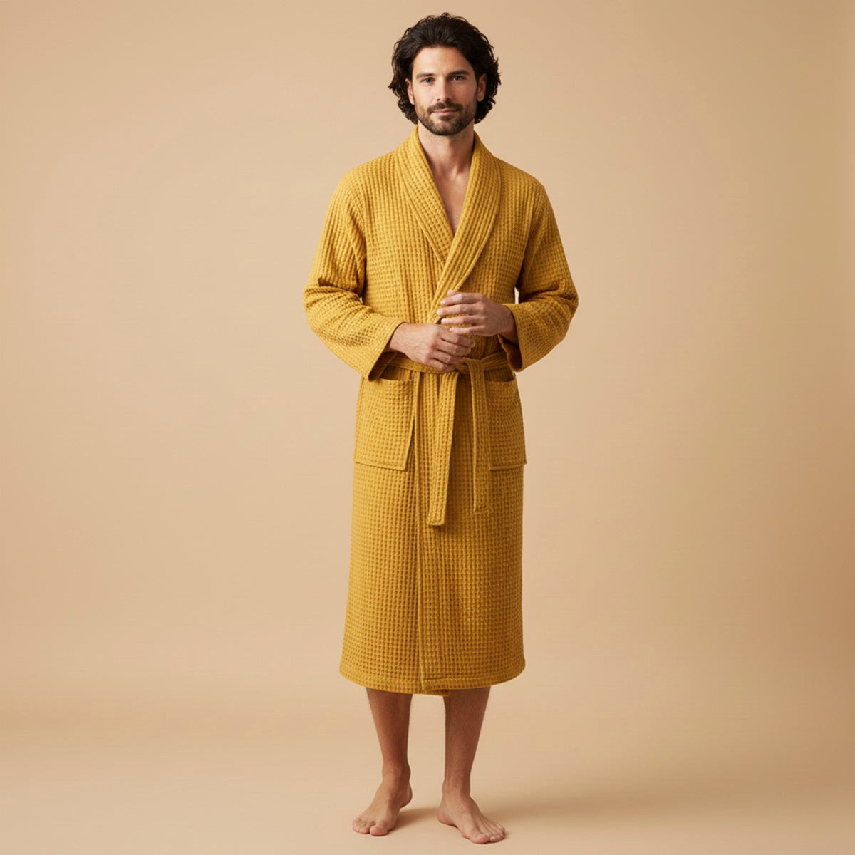 Tyler | Men's Cotton Waffle Lightweight Bathrobe, Spa Robe with Belt | The Dress Cellar | Yellow