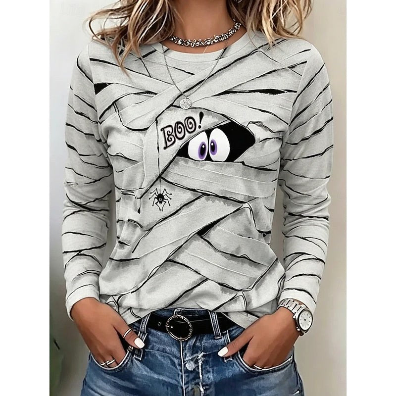 Vanessa | Women's Long-Sleeve Halloween Graphic Top, Playful Festive Blouse | The Dress Cellar | Gray