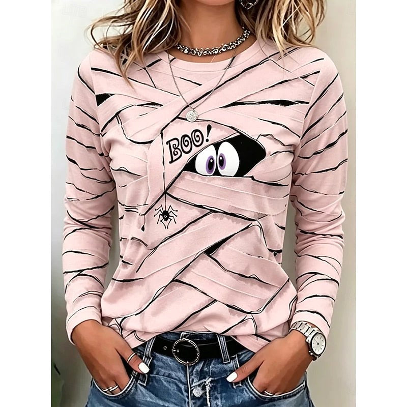 Vanessa | Women's Long-Sleeve Halloween Graphic Top, Playful Festive Blouse | The Dress Cellar | White