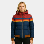 Veronique | Women's Retro Hooded Puffer Jacket, Striped Padded Autumn Coat | The Dress Cellar | Navy blue