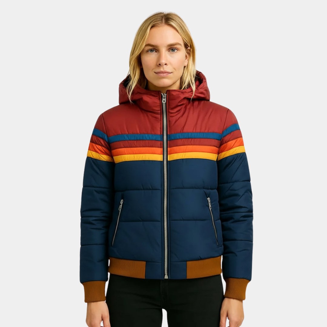 Veronique | Women's Retro Hooded Puffer Jacket, Striped Padded Autumn Coat | The Dress Cellar | Navy blue