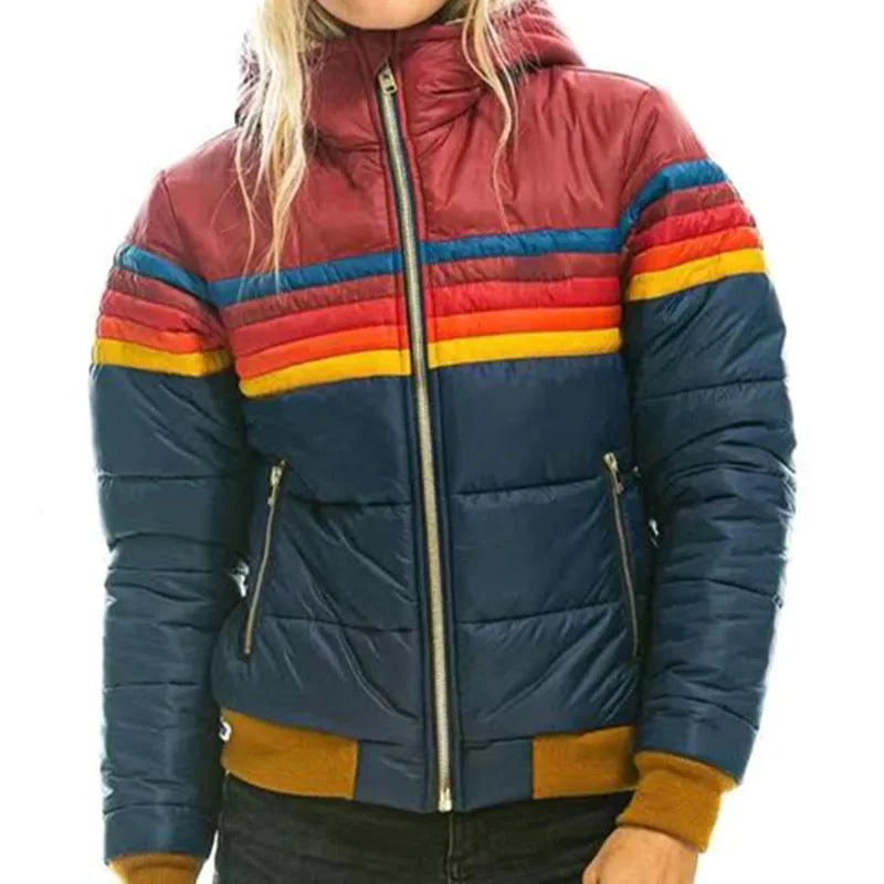 Veronique | Women's Retro Hooded Puffer Jacket, Striped Padded Autumn Coat | The Dress Cellar | Black