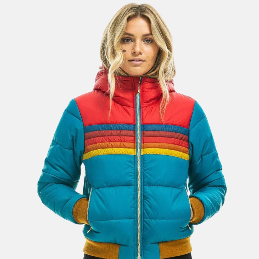 Veronique | Women's Retro Hooded Puffer Jacket, Striped Padded Autumn Coat | The Dress Cellar
