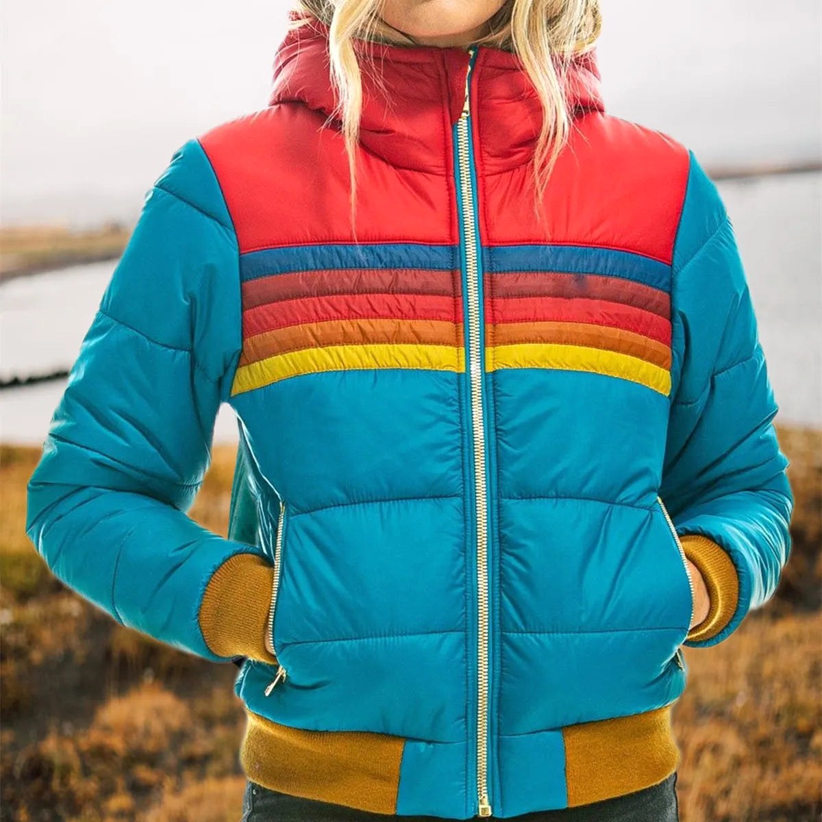 Veronique | Women's Retro Hooded Puffer Jacket, Striped Padded Autumn Coat | The Dress Cellar