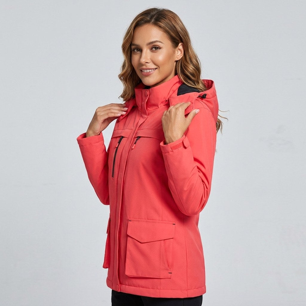 Victoire | Women's Hooded Heated Jacket with USB Power, Adjustable Temperature Jacket | The Dress Cellar | Coral Red