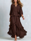 Kelsey | Women's V-Neck Tie Blouse with Layered Maxi Skirt, Two-Piece Set | The Dress Cellar
