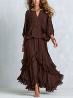 Kelsey | Women's V-Neck Tie Blouse with Layered Maxi Skirt, Two-Piece Set | The Dress Cellar