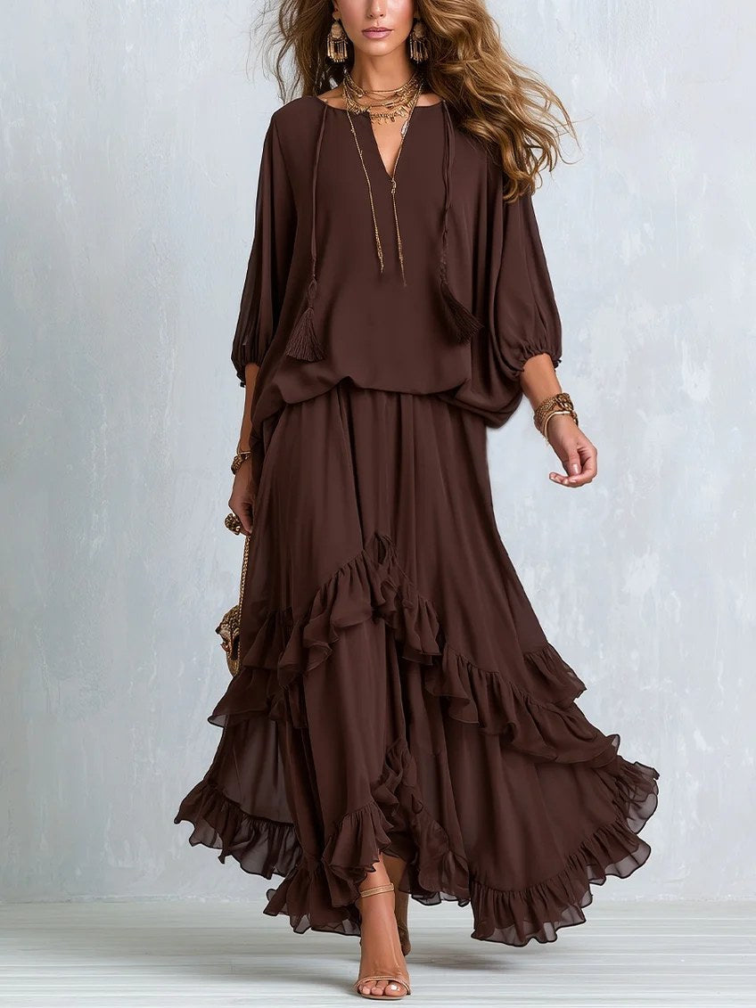 Kelsey | Women's V-Neck Tie Blouse with Layered Maxi Skirt, Two-Piece Set | The Dress Cellar