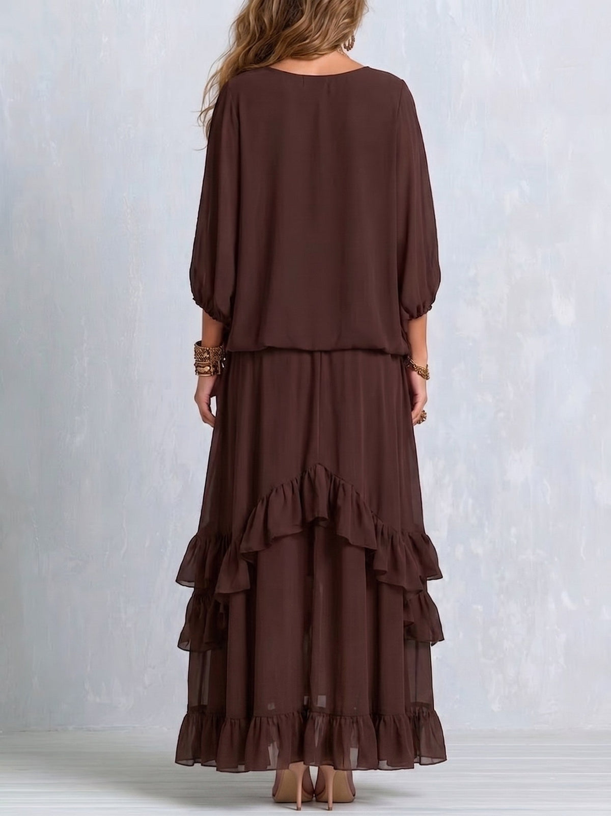 Kelsey | Women's V-Neck Tie Blouse with Layered Maxi Skirt, Two-Piece Set | The Dress Cellar