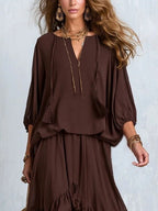 Kelsey | Women's V-Neck Tie Blouse with Layered Maxi Skirt, Two-Piece Set | The Dress Cellar
