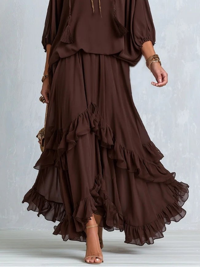 Kelsey | Women's V-Neck Tie Blouse with Layered Maxi Skirt, Two-Piece Set | The Dress Cellar