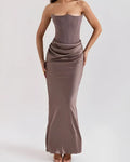 Viviane | Women's Strapless Draped Maxi Dress, Corset-Bodice Evening Dress | The Dress Cellar | Brown