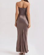 Viviane | Women's Strapless Draped Maxi Dress, Corset-Bodice Evening Dress | The Dress Cellar | Black