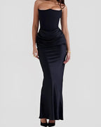 Viviane | Women's Strapless Draped Maxi Dress, Corset-Bodice Evening Dress | The Dress Cellar | Red