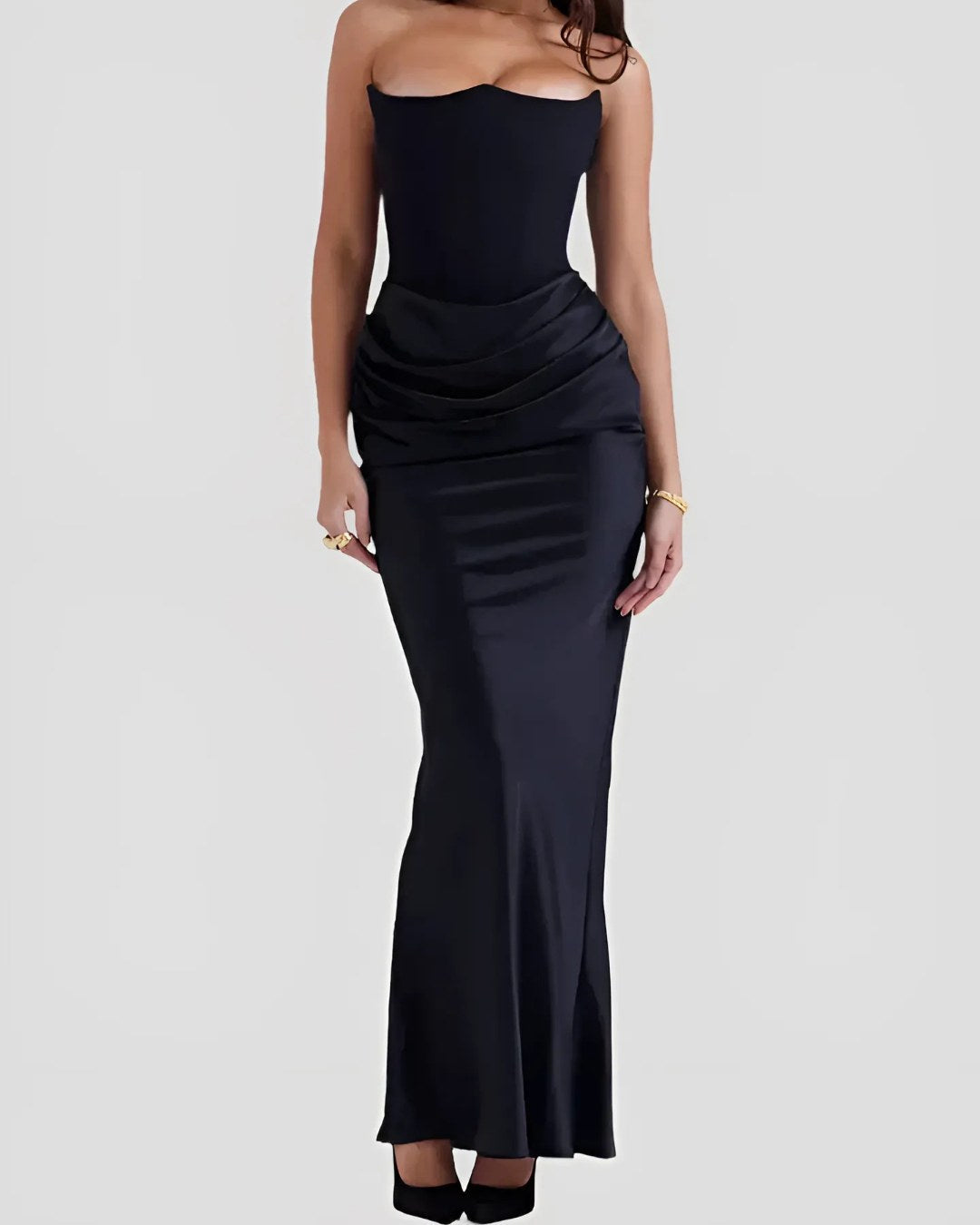 Viviane | Women's Strapless Draped Maxi Dress, Corset-Bodice Evening Dress | The Dress Cellar | Red
