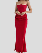 Viviane | Women's Strapless Draped Maxi Dress, Corset-Bodice Evening Dress | The Dress Cellar