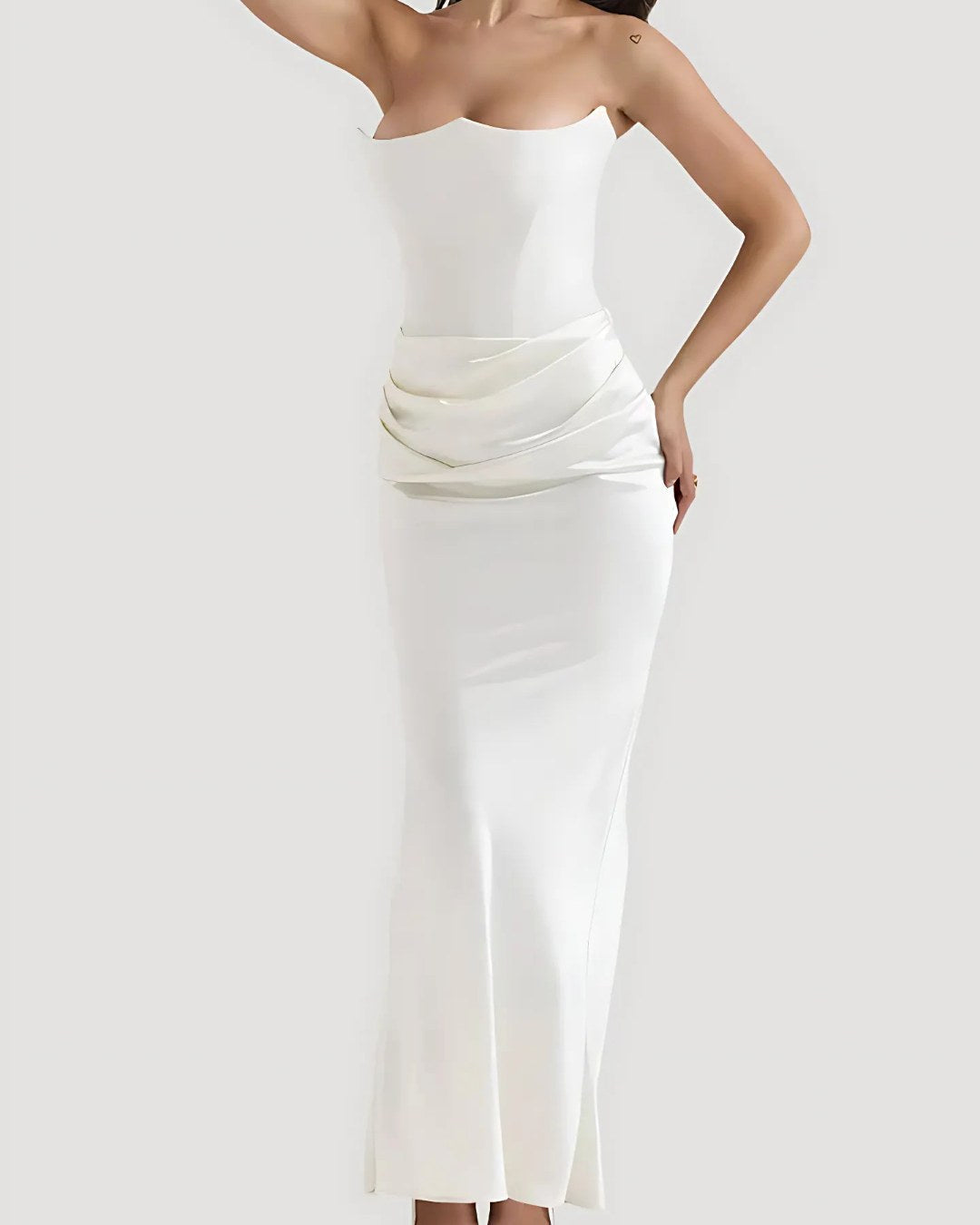 Viviane | Women's Strapless Draped Maxi Dress, Corset-Bodice Evening Dress | The Dress Cellar