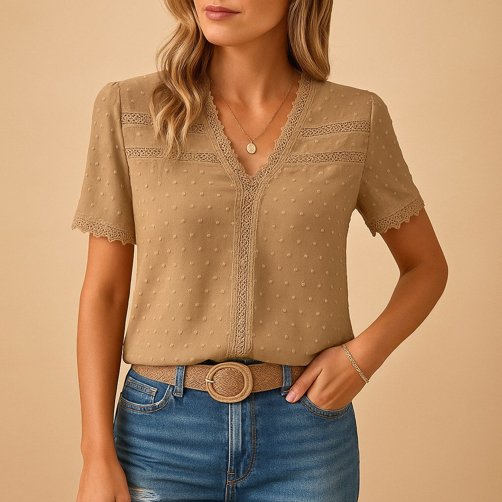 Waverly | Women's V-Neck Lace Trim Blouse - Khaki
