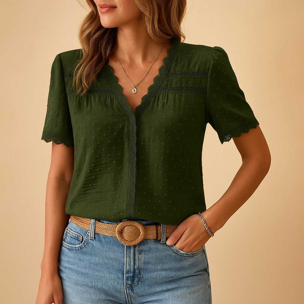 Waverly | Women's V-Neck Lace Trim Blouse - Army Green