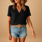 Waverly | Women's V-Neck Lace Trim Blouse - Black