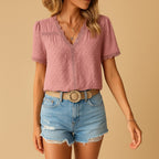 Waverly | Women's V-Neck Lace Trim Blouse - Pink