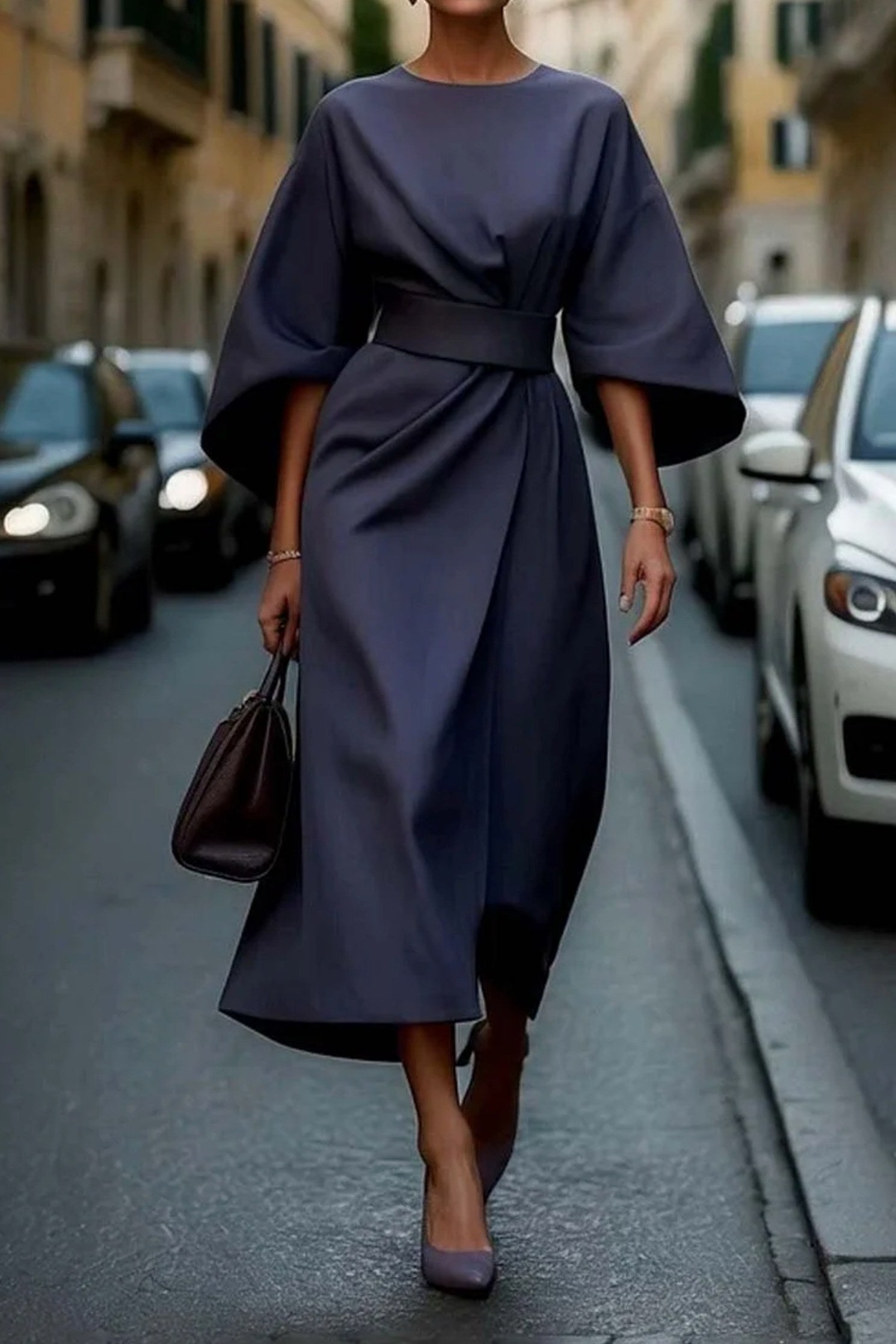 Wendy | Women's Elegant Midi Dress with Lantern Sleeves - Beige