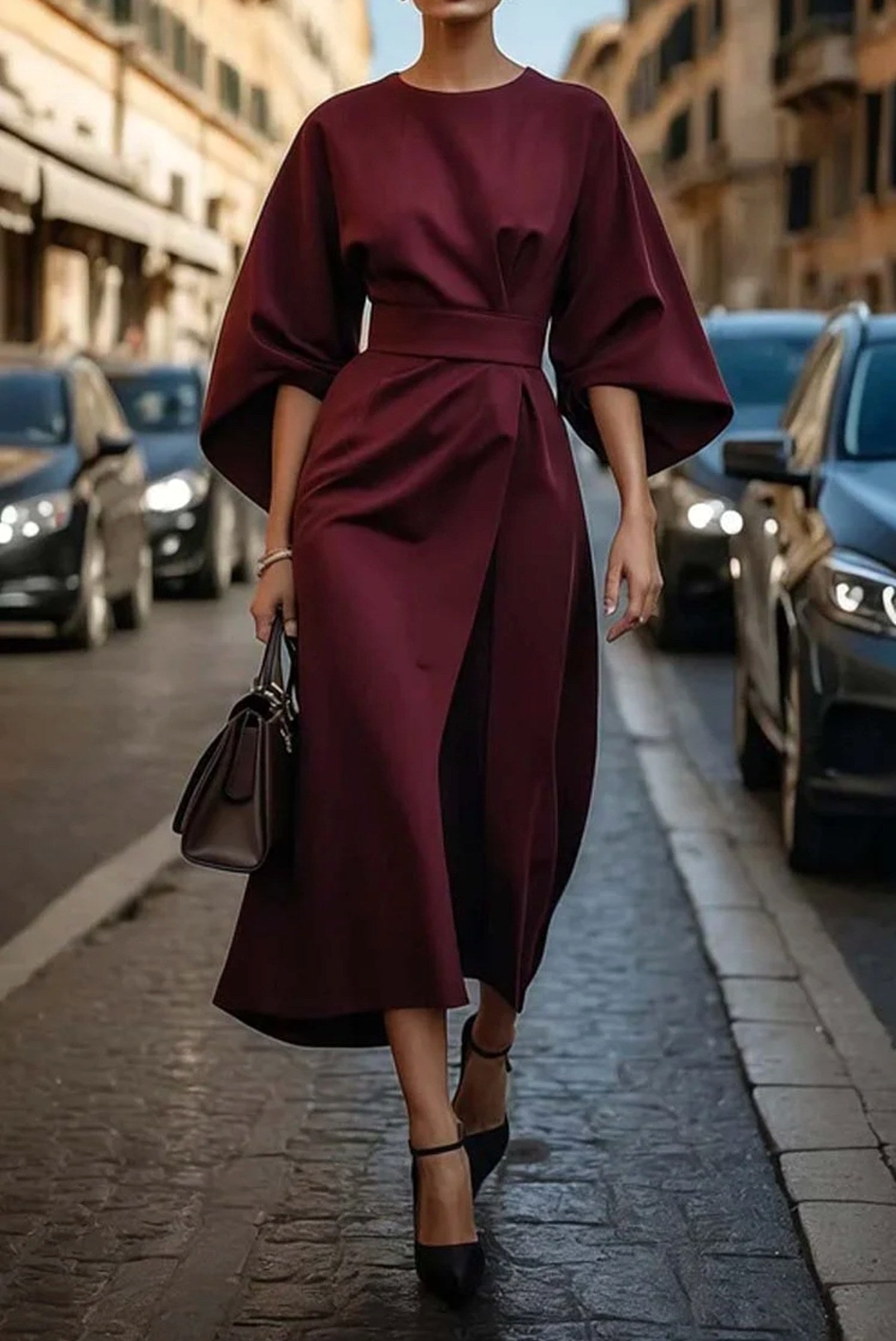 Wendy | Women's Elegant Midi Dress with Lantern Sleeves - Gray