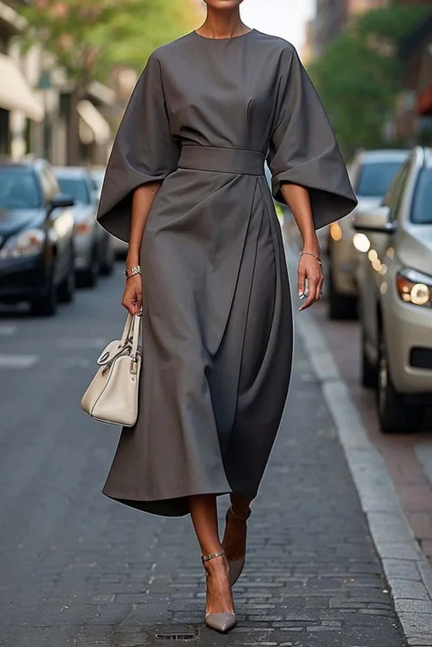 Wendy | Women's Elegant Midi Dress with Lantern Sleeves - Purple
