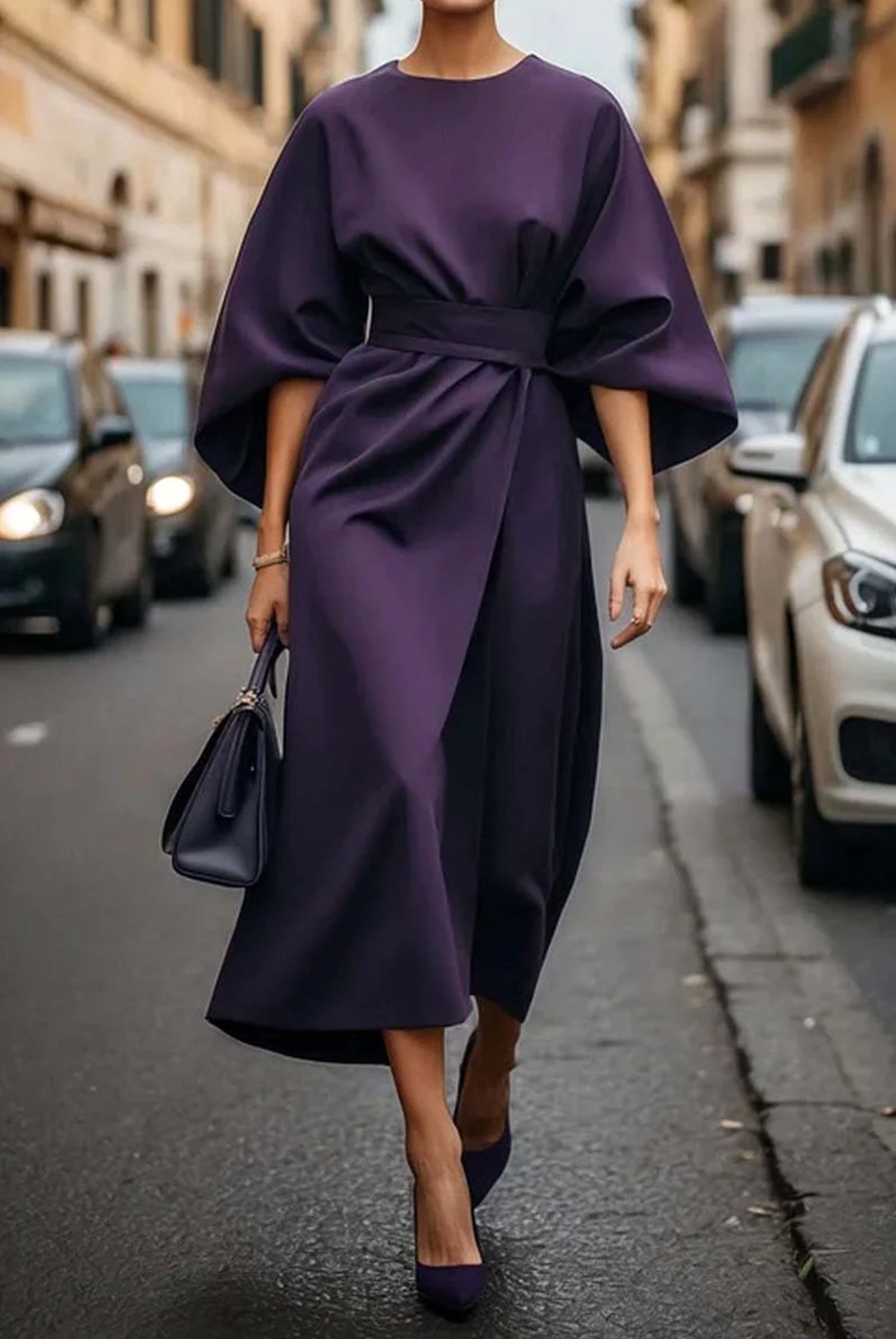 Wendy | Women's Elegant Midi Dress with Lantern Sleeves - Brown