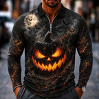 Wesley | Men's Halloween Pumpkin Print Polo Shirt, Zip Long-Sleeve Collared Shirt | The Dress Cellar | Black
