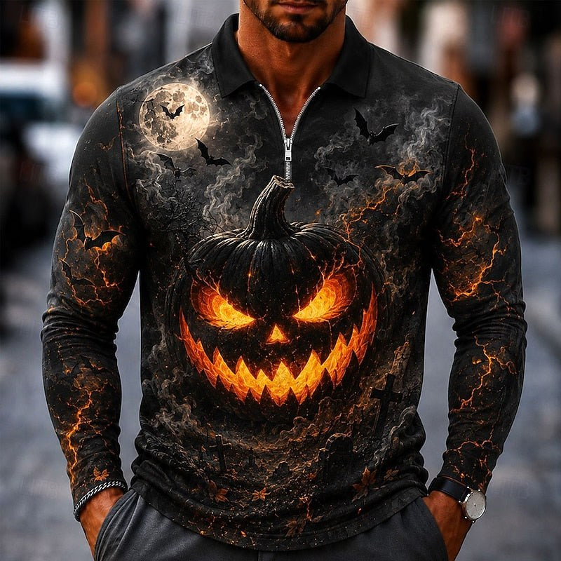 Wesley | Men's Halloween Pumpkin Print Polo Shirt, Zip Long-Sleeve Collared Shirt | The Dress Cellar | Black
