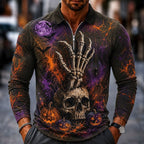 Wesley | Men's Halloween Pumpkin Print Polo Shirt, Zip Long-Sleeve Collared Shirt | The Dress Cellar | Purple