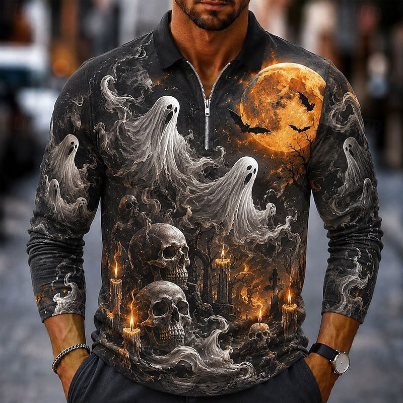 Wesley | Men's Halloween Pumpkin Print Polo Shirt, Zip Long-Sleeve Collared Shirt | The Dress Cellar | Orange