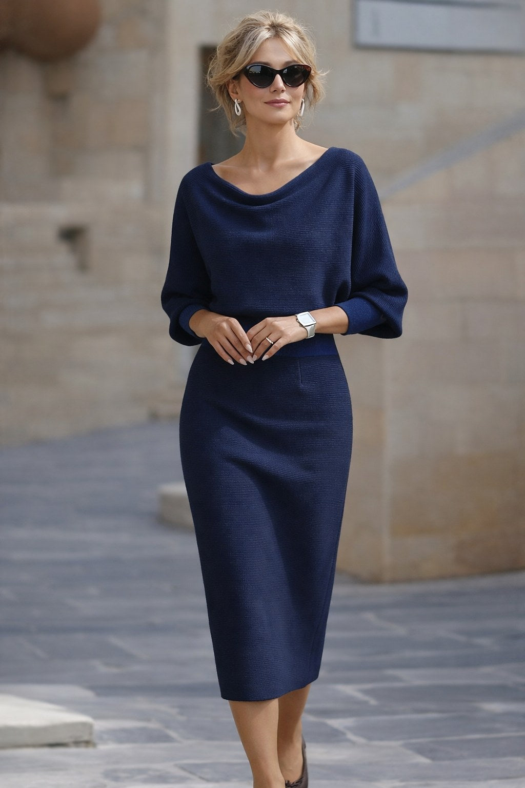 Reese | Women's Round-Neck Midi Dress, Draped Midi Dress | The Dress Cellar