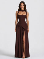 Willow | Women's Sculpted Satin-Feel Maxi Dress, Draped Evening Dress | The Dress Cellar | Brown