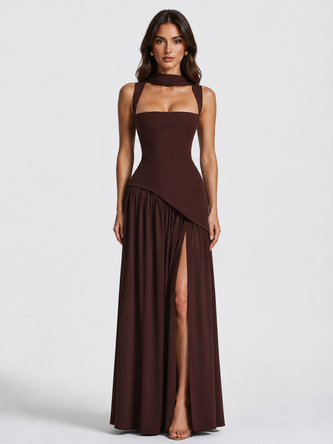 Willow | Women's Sculpted Satin-Feel Maxi Dress, Draped Evening Dress | The Dress Cellar | Brown