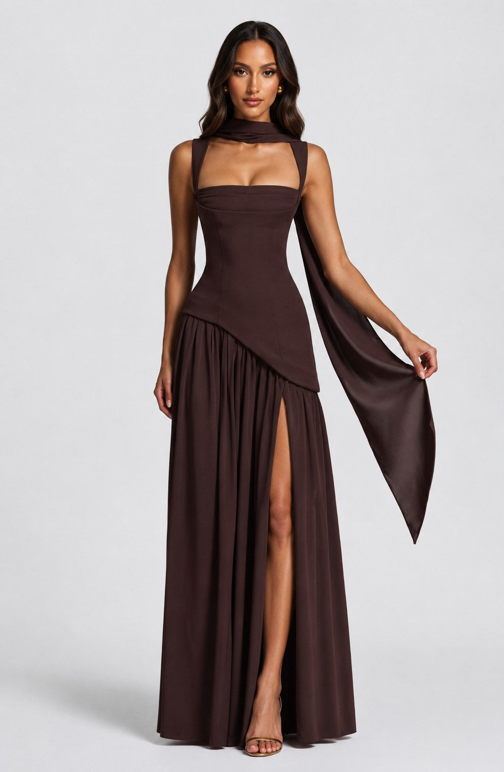 Willow | Women's Sculpted Satin-Feel Maxi Dress, Draped Evening Dress | The Dress Cellar | Burgundy