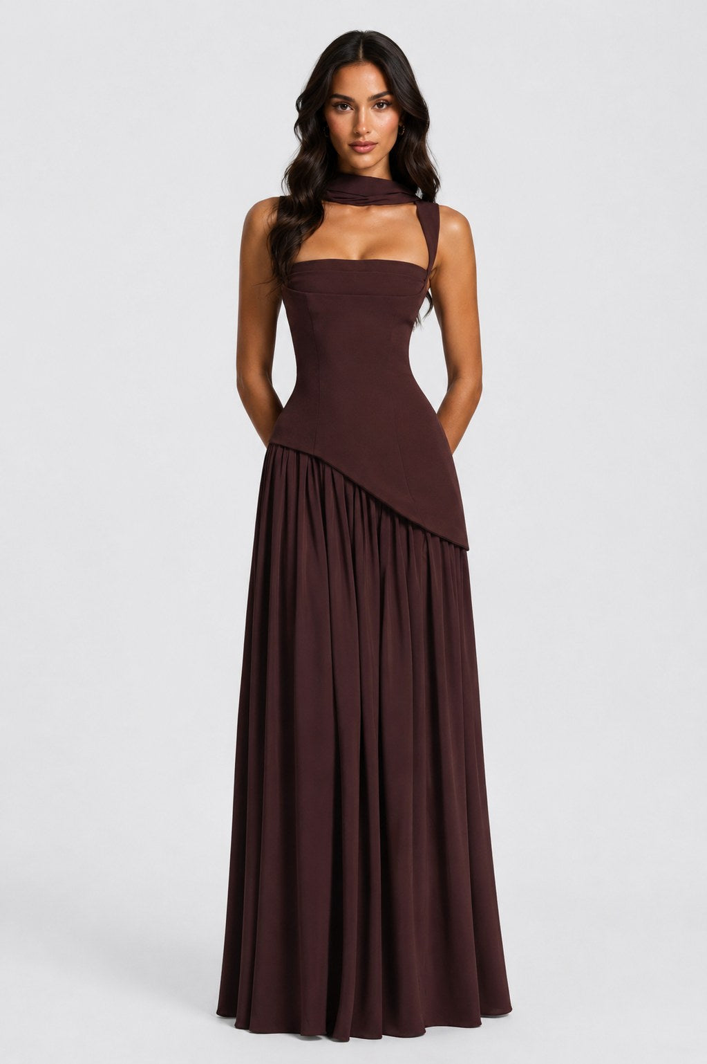 Willow | Women's Sculpted Satin-Feel Maxi Dress, Draped Evening Dress | The Dress Cellar | Black