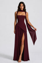 Willow | Women's Sculpted Satin-Feel Maxi Dress, Draped Evening Dress | The Dress Cellar
