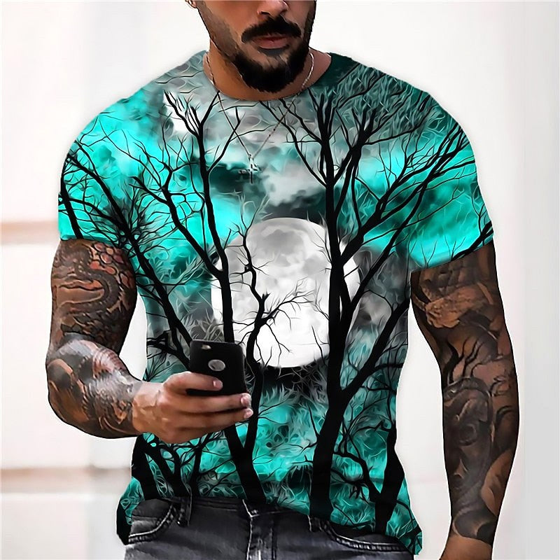 Wyatt | Men's Halloween Moon Graphic Crew Neck T-Shirt, Seasonal Autumn Tee | The Dress Cellar | Blue
